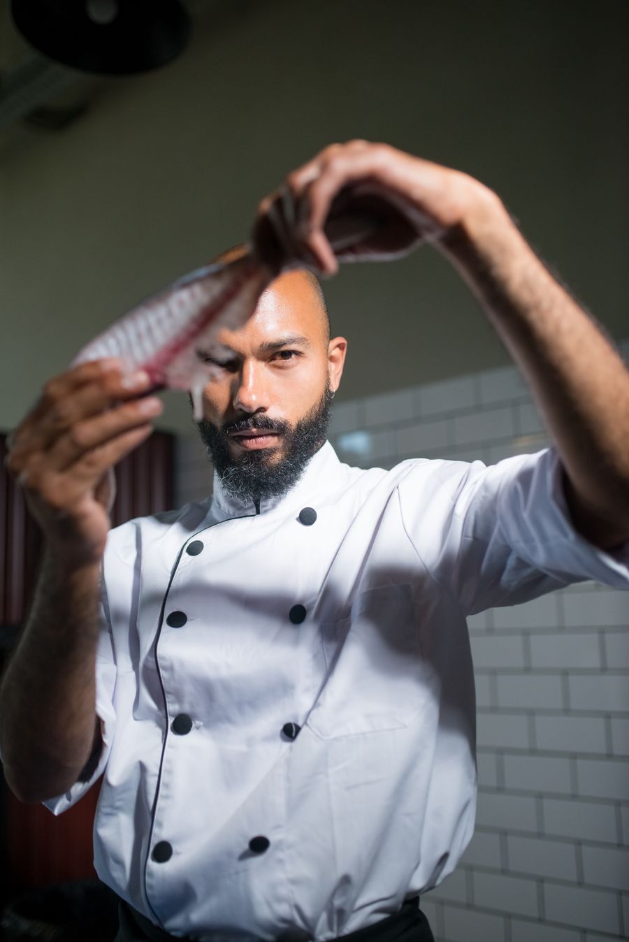 Chef inspectant la qualité d'un poisson en cuisine professionnelle